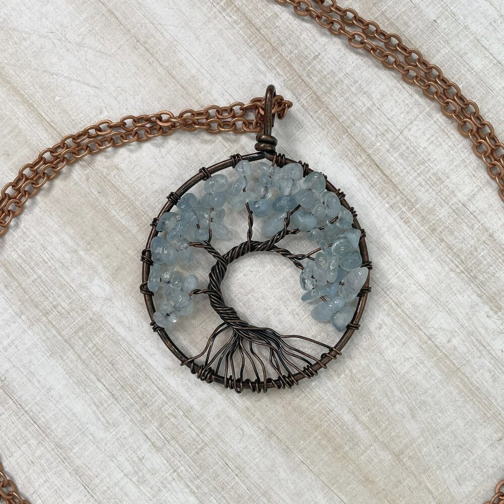 2 TREE NECKLACES Brass wire wrapped Aquamarine & Peridot chip stones - Picture 2 of 5